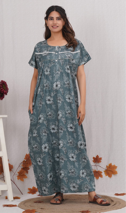 Floral Printed Sea green Cotton Nighty with Lace Design for Women – Free Size