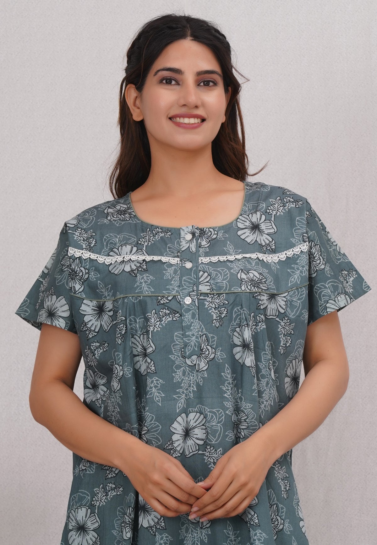 Floral Printed Sea green Cotton Nighty with Lace Design for Women – Free Size