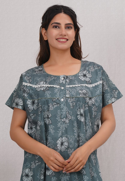 Floral Printed Sea green Cotton Nighty with Lace Design for Women – Free Size