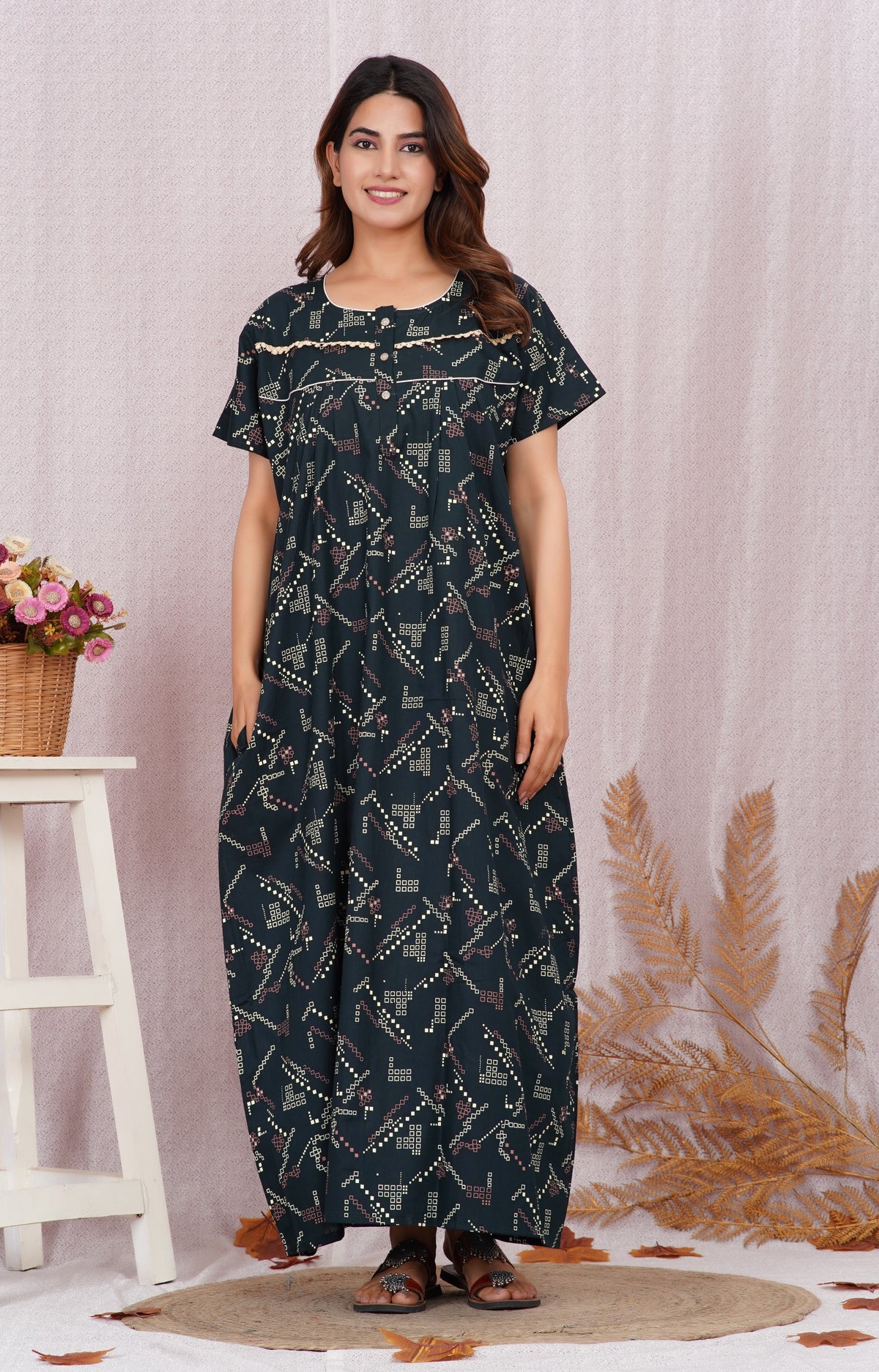 Vardhana Women's Cotton Lace Pattern Nighty | Soft & Comfortable Nightwear