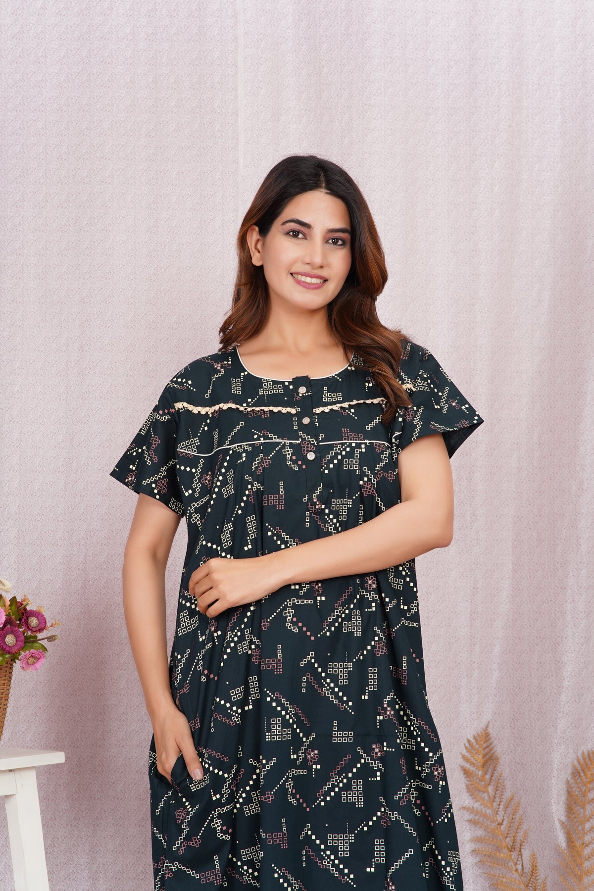 Vardhana Women's Cotton Lace Pattern Nighty | Soft & Comfortable Nightwear