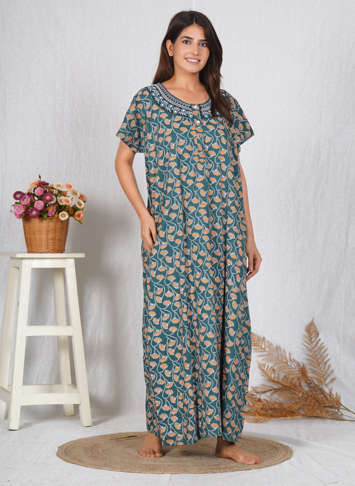 Vardhana Women's Premium Cotton Embroidery Nighty | Soft & Comfortable | Elegant Floral Design
