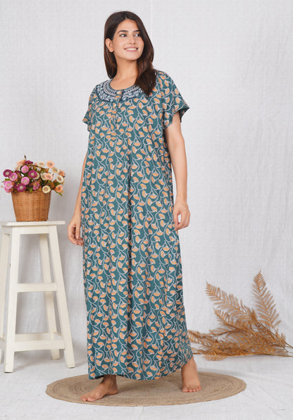 Vardhana Women's Premium Cotton Embroidery Nighty | Soft & Comfortable | Elegant Floral Design