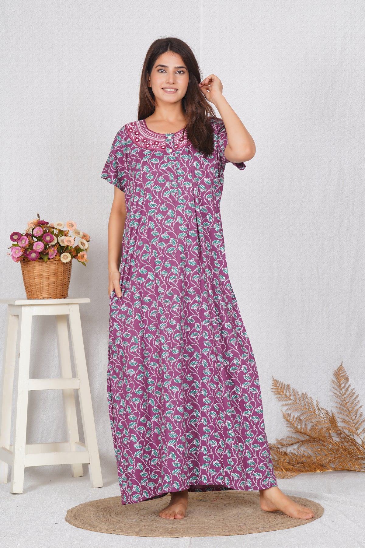 Elegant Floral Design Women's Premium Cotton Embroidery Nighty