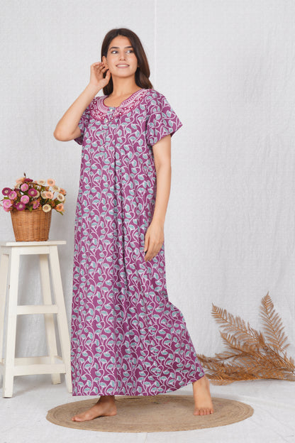 Elegant Floral Design Women's Premium Cotton Embroidery Nighty