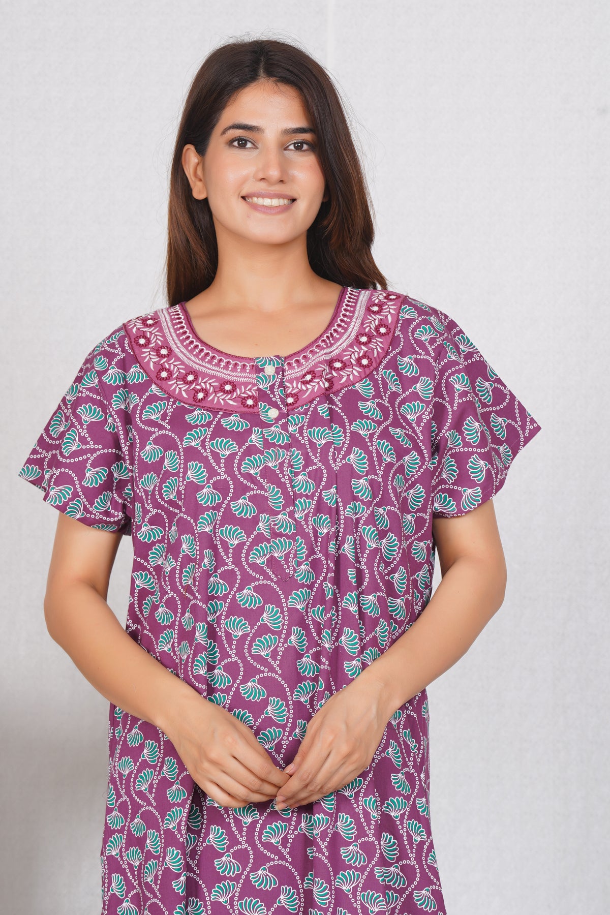 Elegant Floral Design Women's Premium Cotton Embroidery Nighty