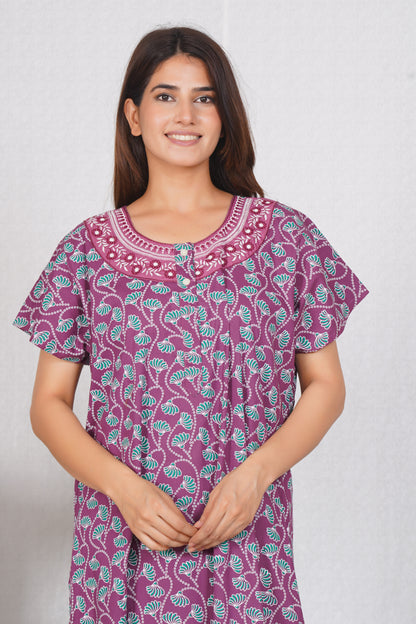 Elegant Floral Design Women's Premium Cotton Embroidery Nighty