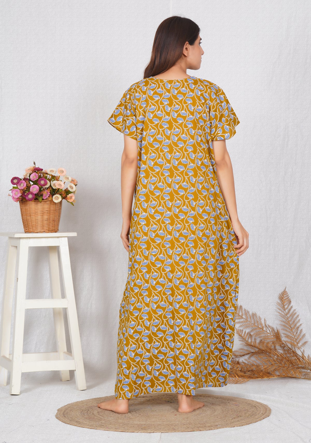 Neck embroidery mustard Cotton Nighty for Women – Free Size