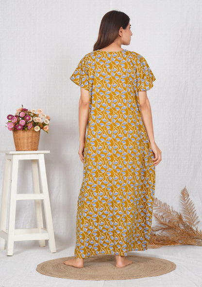 Neck embroidery mustard Cotton Nighty for Women – Free Size