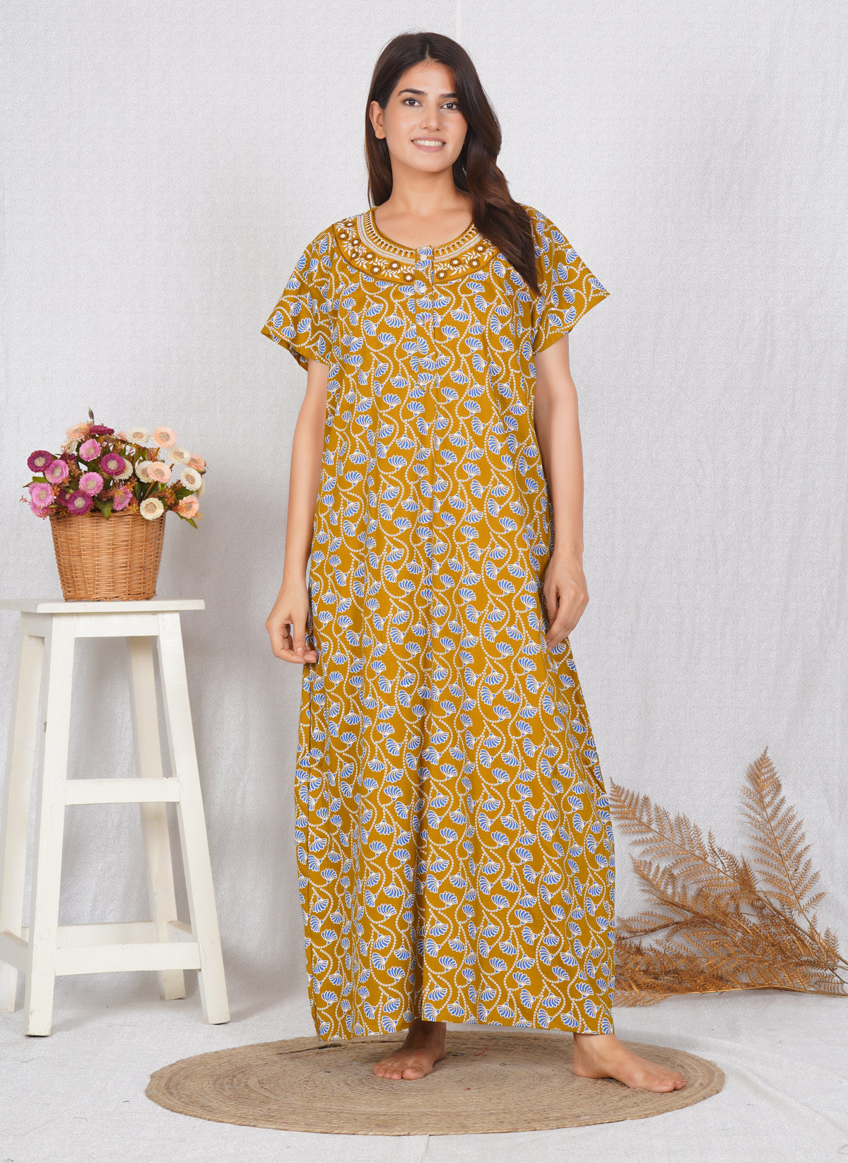 Neck embroidery mustard Cotton Nighty for Women – Free Size