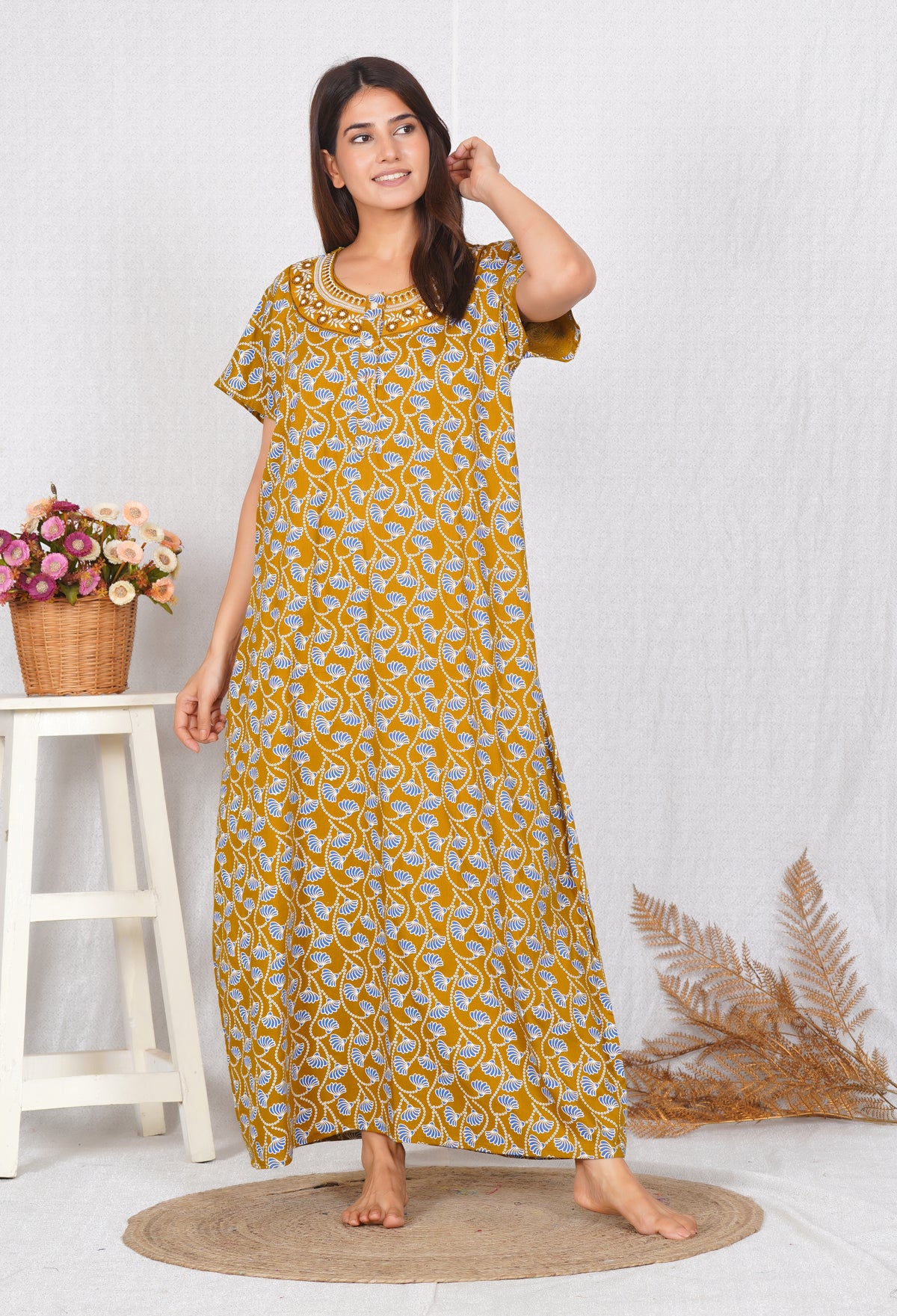 Neck embroidery mustard Cotton Nighty for Women – Free Size
