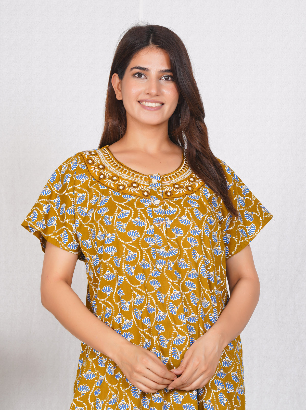 Neck embroidery mustard Cotton Nighty for Women – Free Size