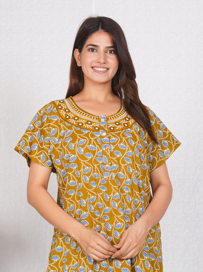 Neck embroidery mustard Cotton Nighty for Women – Free Size