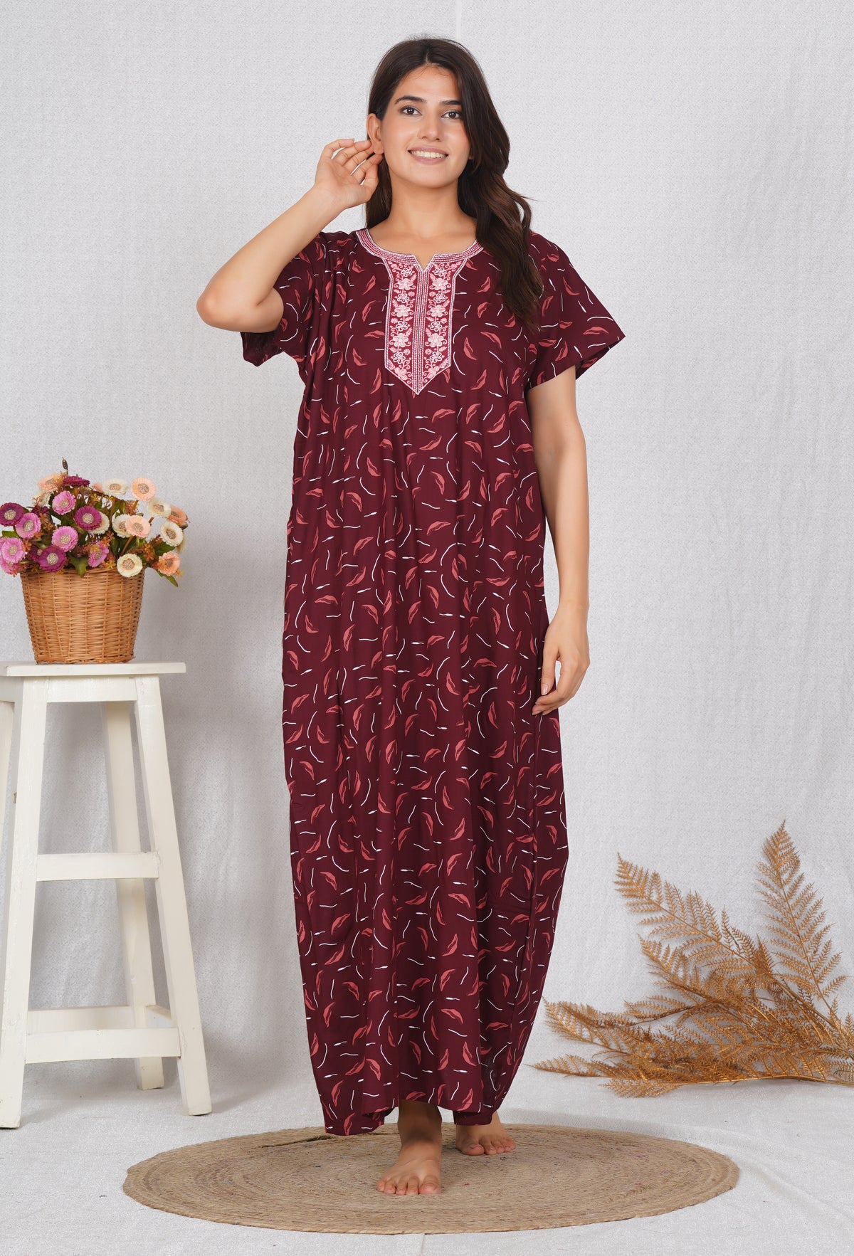 Women Cotton Neck embroidery Nighty | Free size