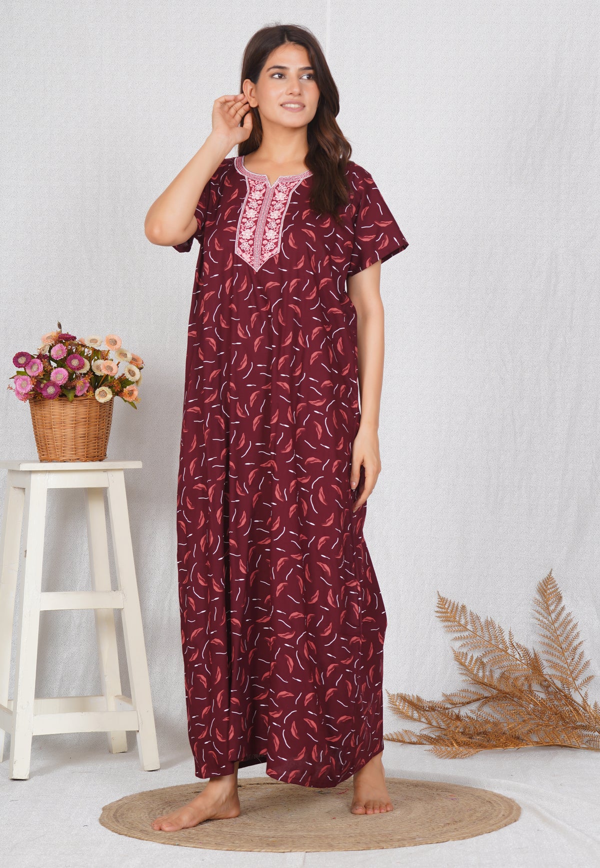 Women Cotton Neck embroidery Nighty | Free size