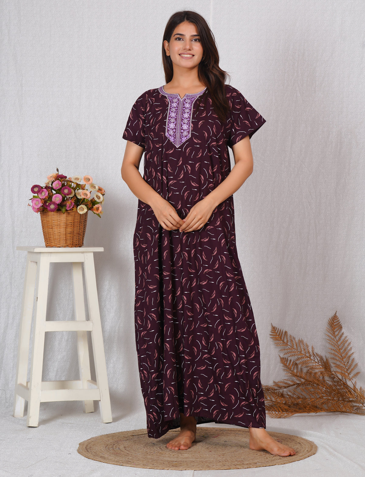 Vardhana Women's Premium Cotton Embroidery Nighty | Soft & Comfortable | Elegant Floral Design