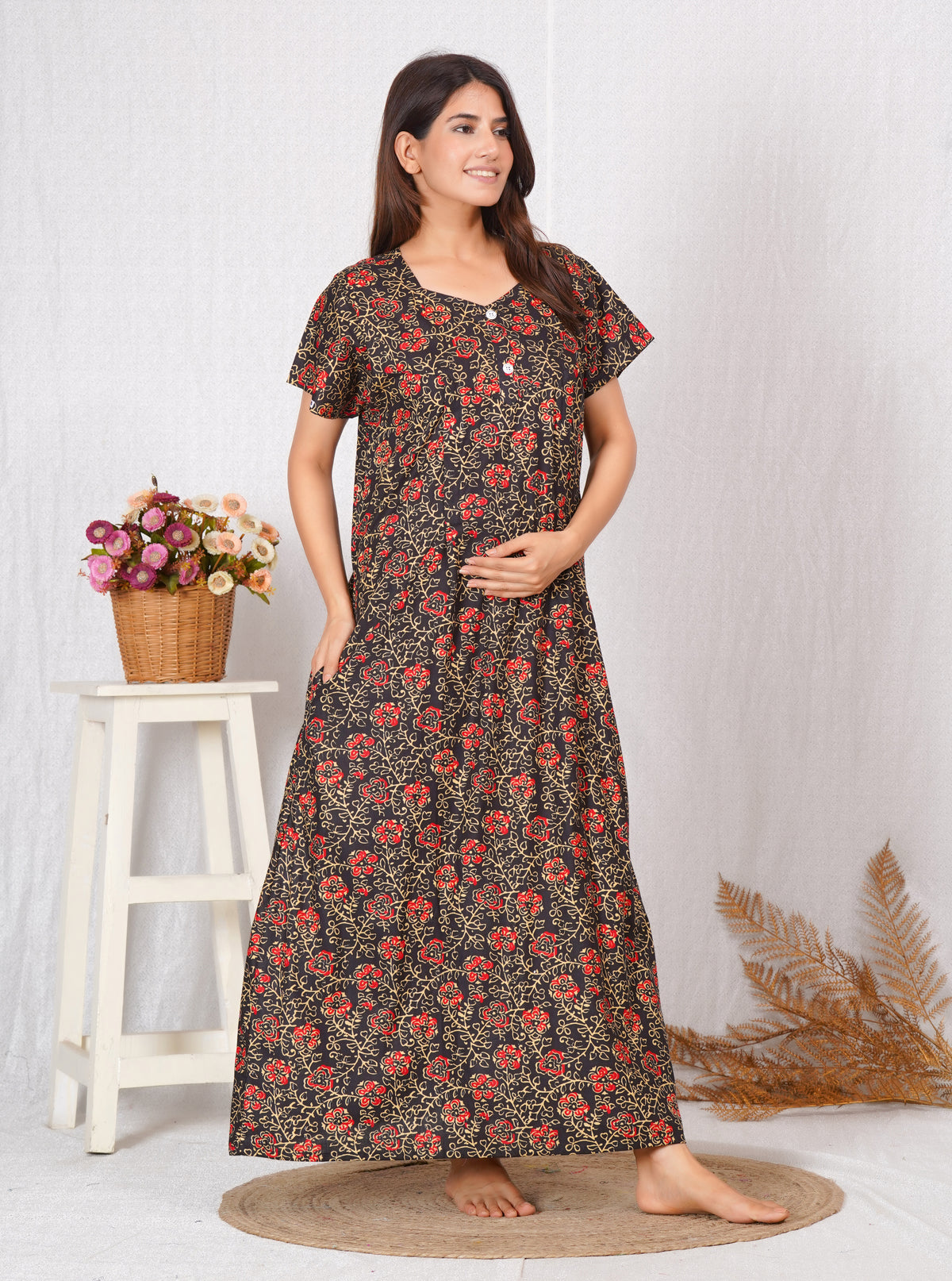 Kalamkari Printed Cotton Feeding nighty for women | Free size