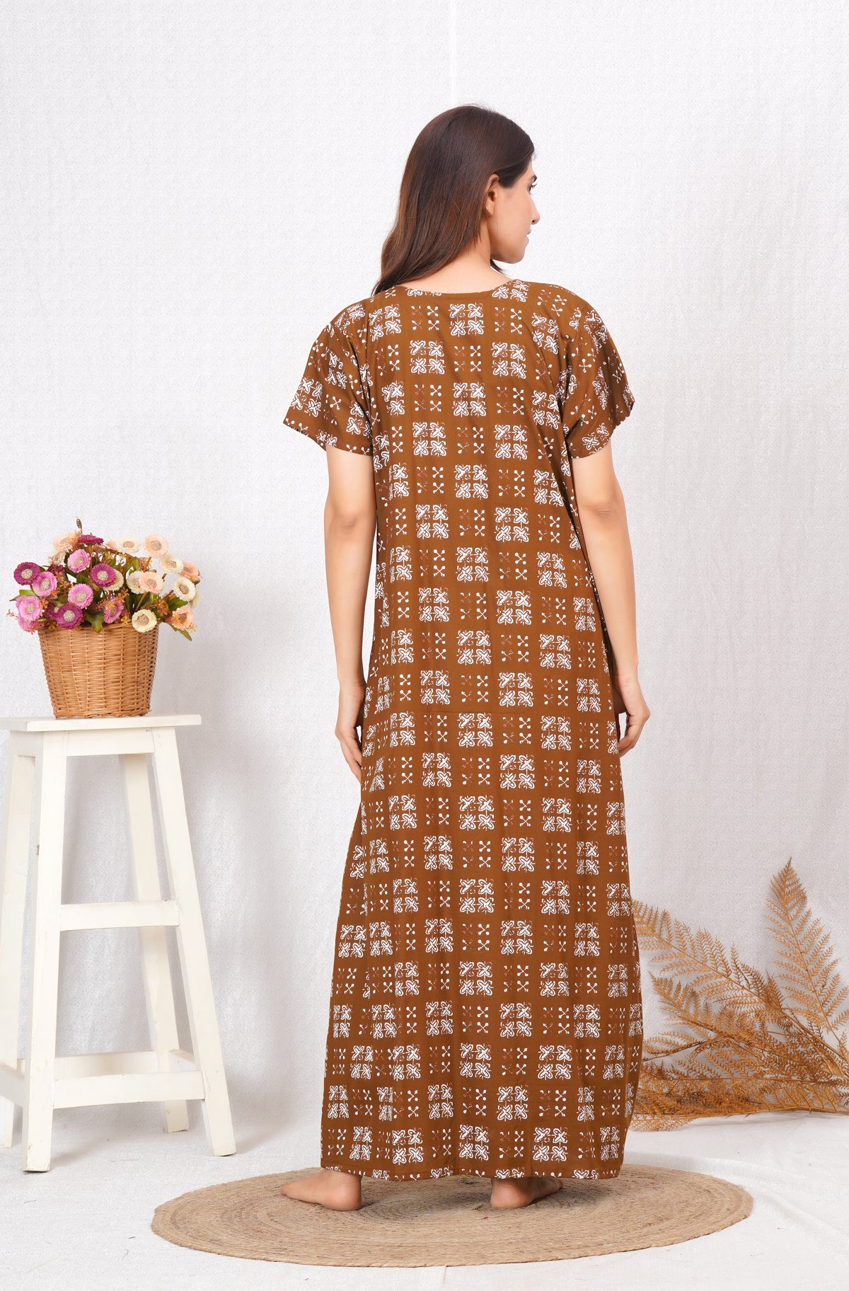 Brown Printed Cotton Feeding nighty for women | Free size