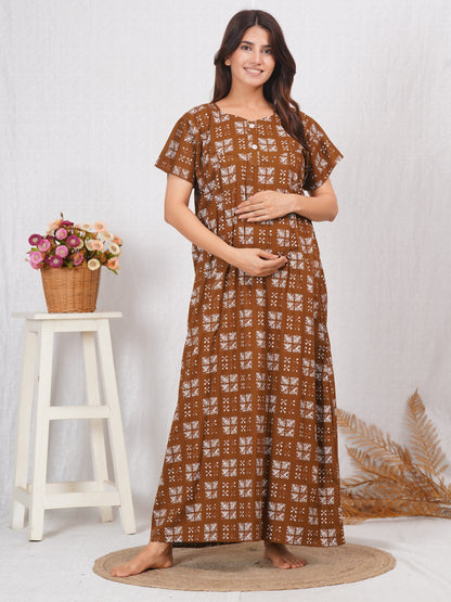 Brown Printed Cotton Feeding nighty for women | Free size