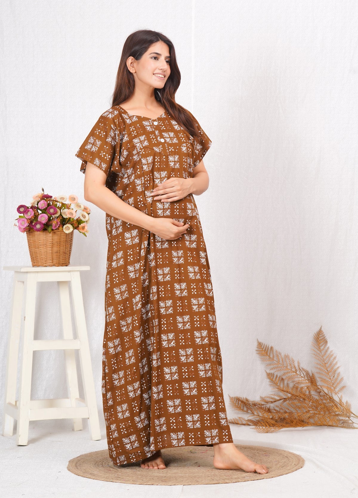 Brown Printed Cotton Feeding nighty for women | Free size