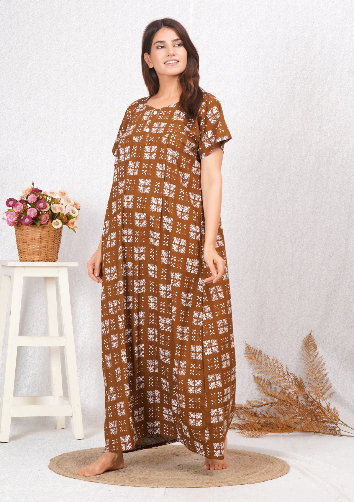 Brown Printed Cotton Feeding nighty for women | Free size
