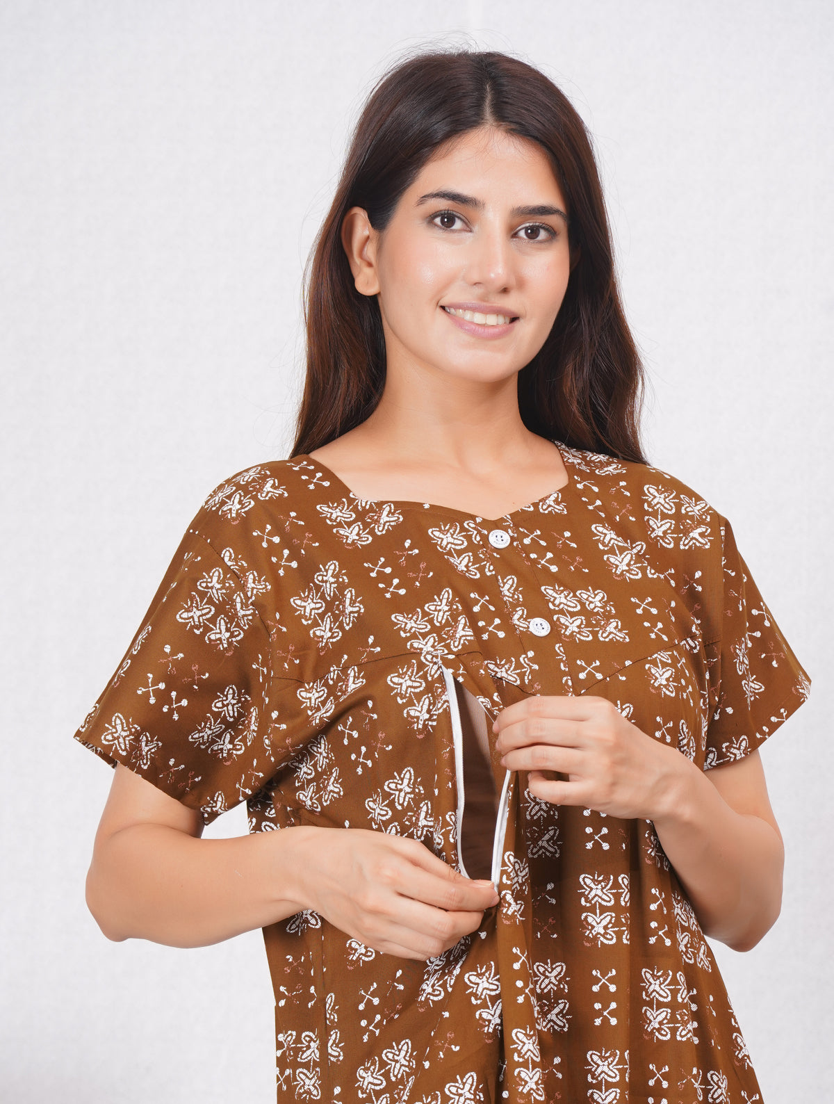 Brown Printed Cotton Feeding nighty for women | Free size