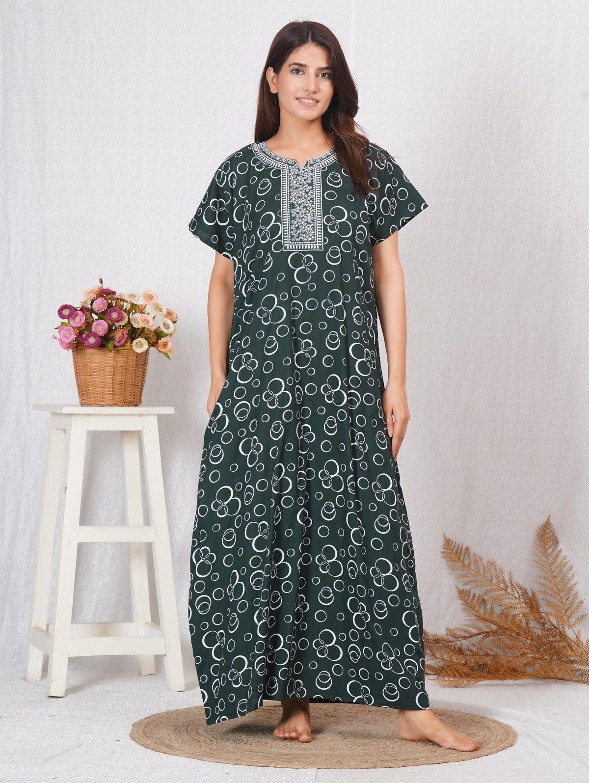 Women Cotton Printed Embroidery Nightgown | Free size