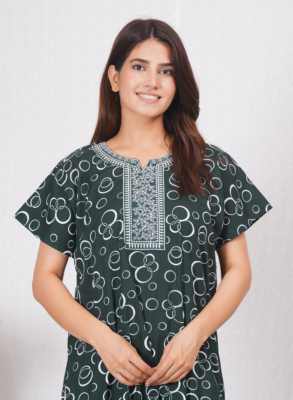 Women Cotton Printed Embroidery Nightgown | Free size