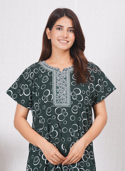 Women Cotton Printed Embroidery Nightgown | Free size