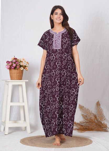 Neck embroidery Maroon Cotton Nighty for Women – Free Size