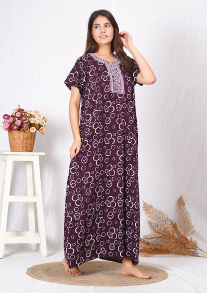 Neck embroidery Maroon Cotton Nighty for Women – Free Size
