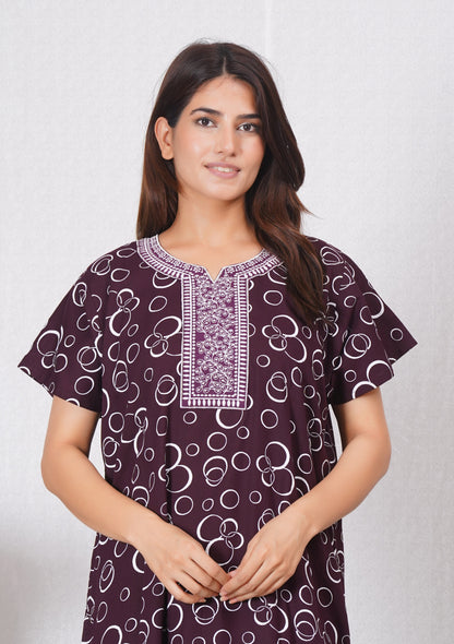Neck embroidery Maroon Cotton Nighty for Women – Free Size