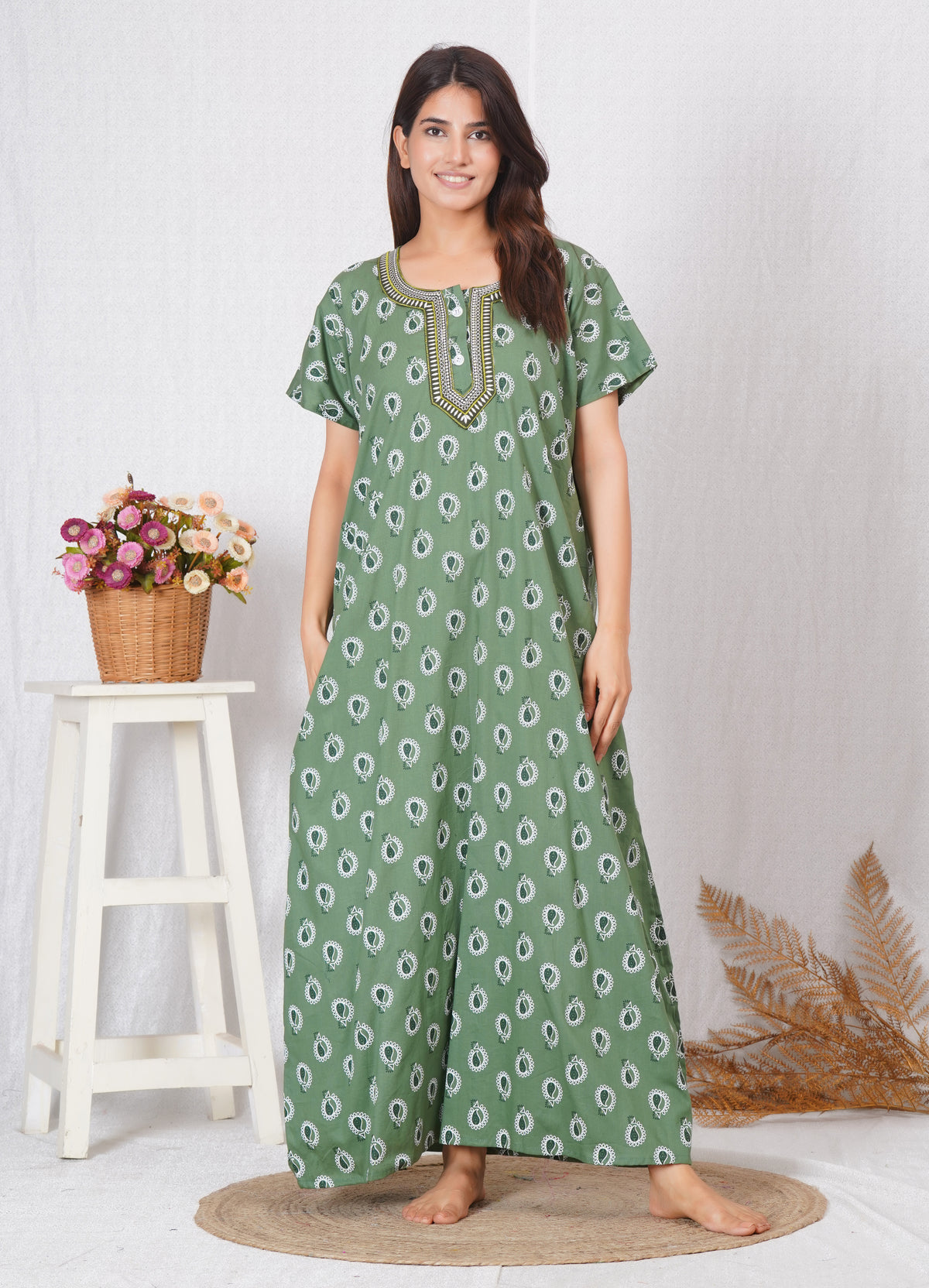 Neck embroidery designed Cotton night dress | Free size