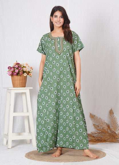 Neck embroidery designed Cotton night dress | Free size