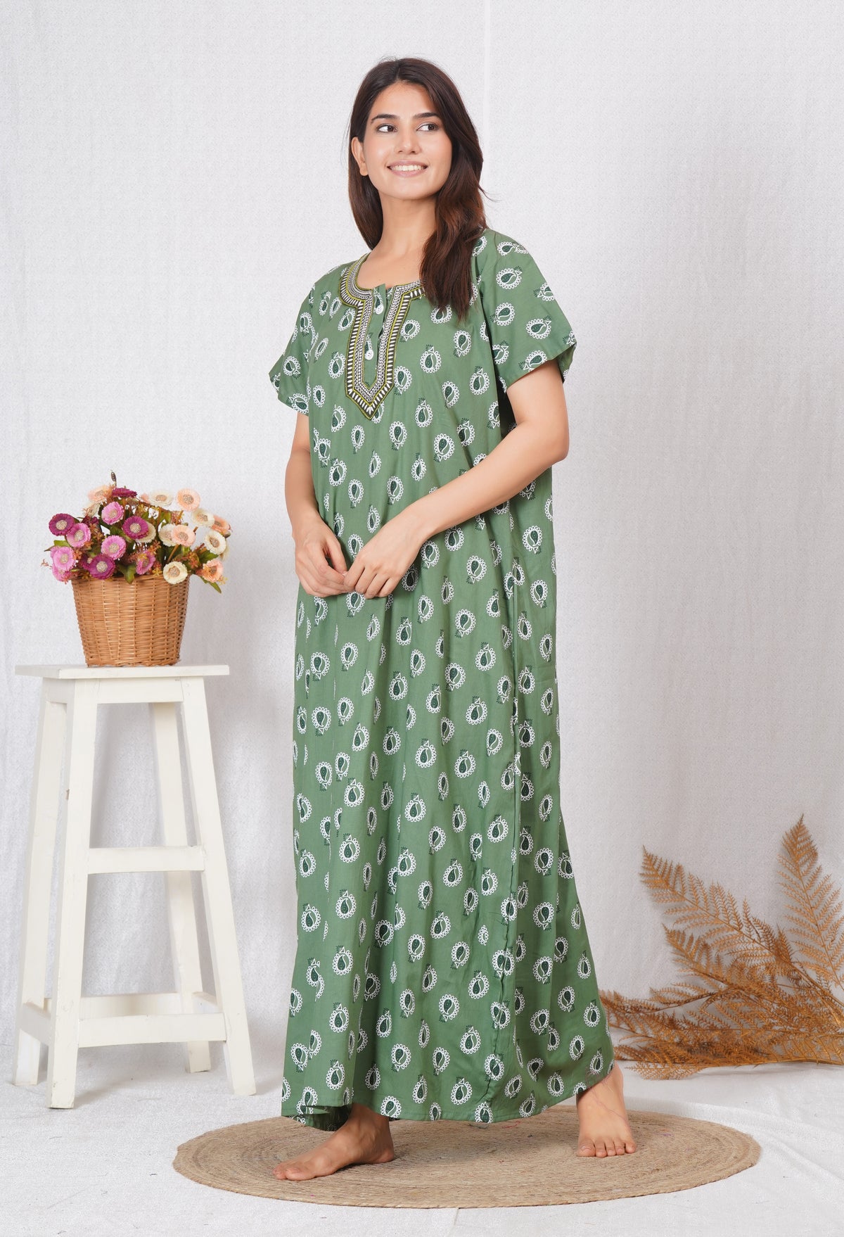 Neck embroidery designed Cotton night dress | Free size