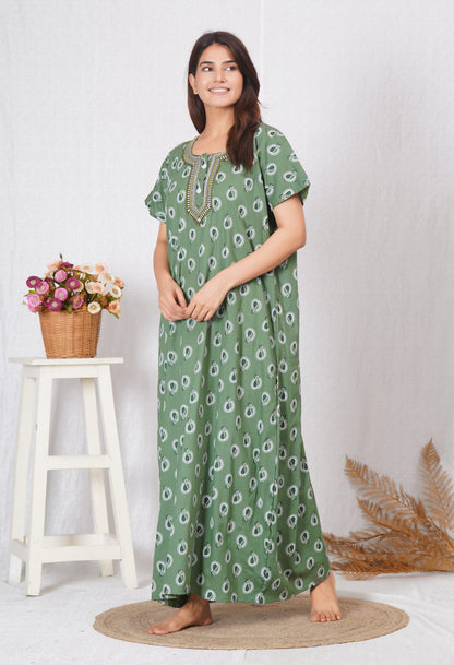Neck embroidery designed Cotton night dress | Free size