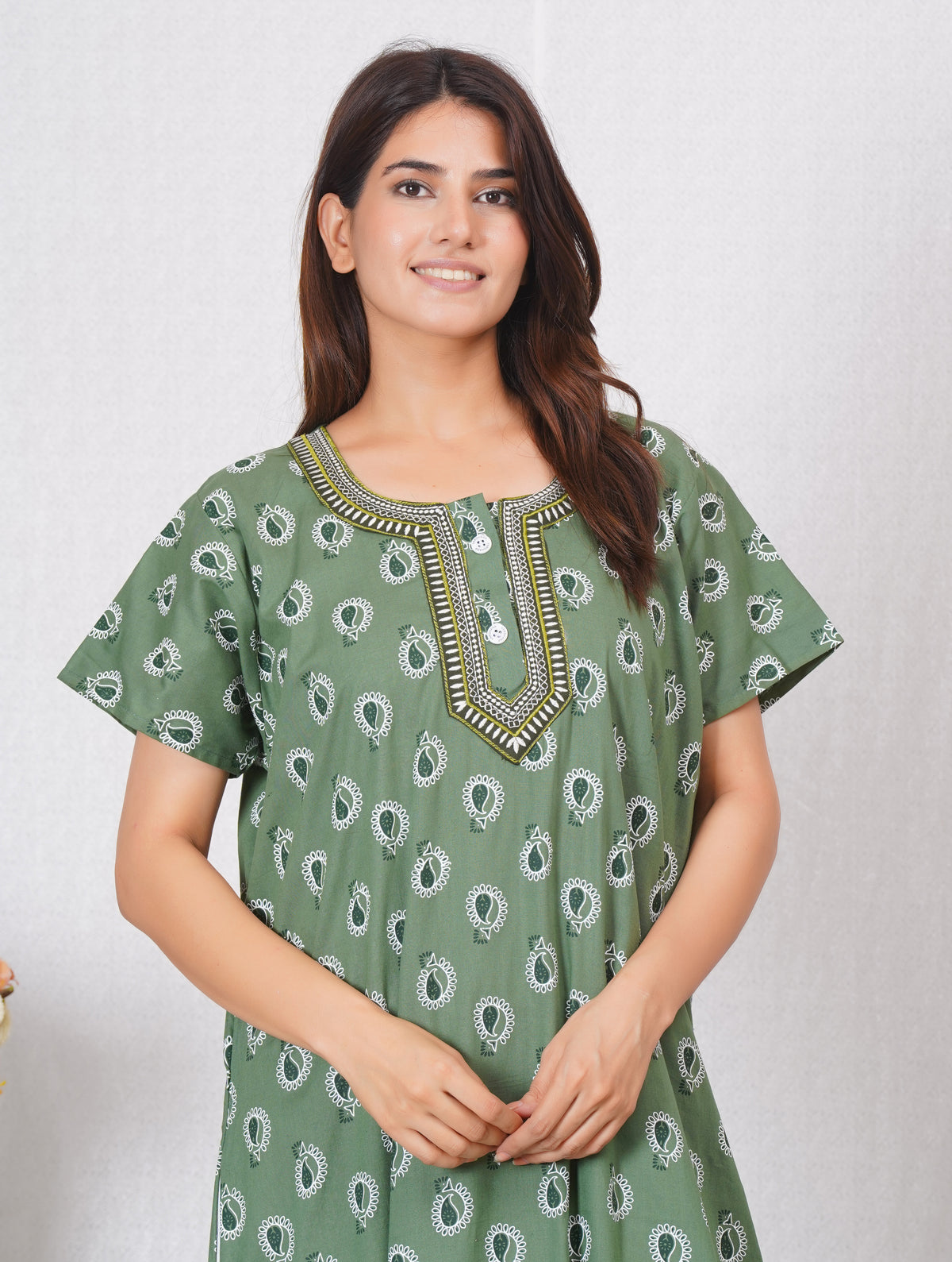 Neck embroidery designed Cotton night dress | Free size