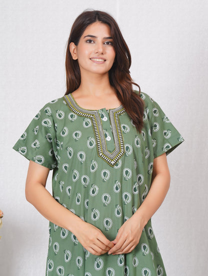 Neck embroidery designed Cotton night dress | Free size
