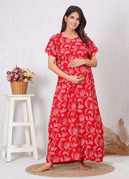 Kalamkari Printed Cotton Feeding nighty for Women | Free size