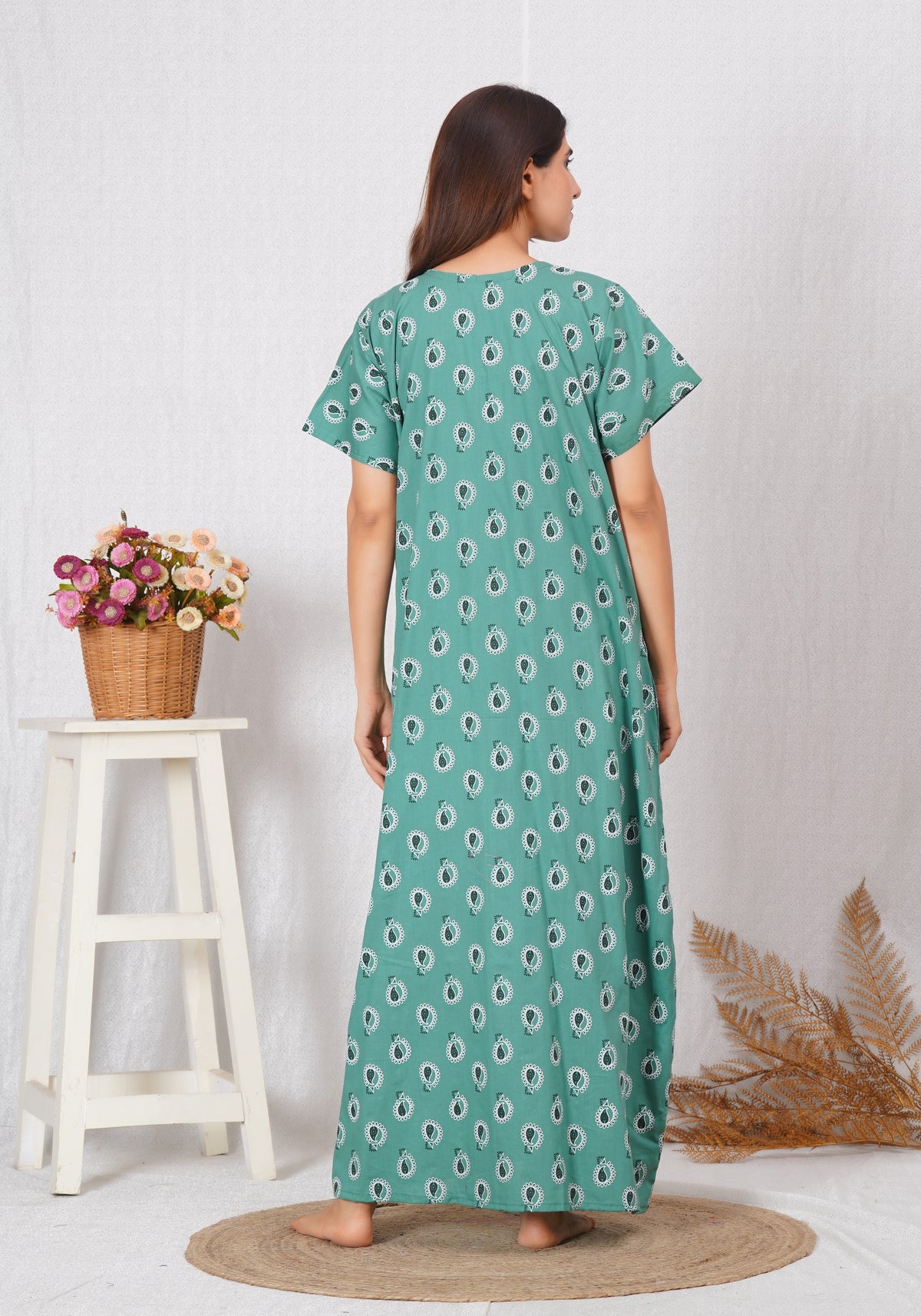 Neck embroidery Sea green Cotton Nighty for Women – Free Size