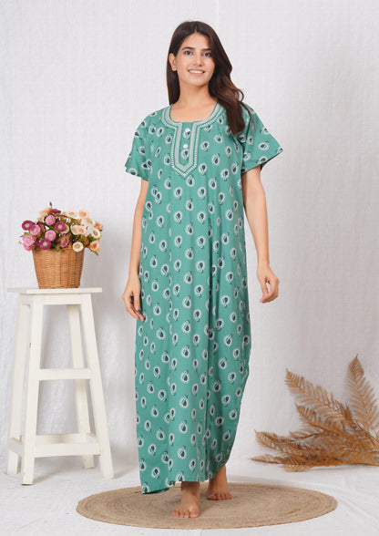 Neck embroidery Sea green Cotton Nighty for Women – Free Size