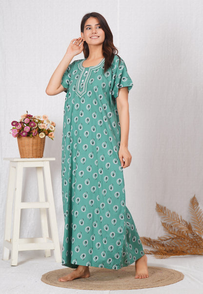 Neck embroidery Sea green Cotton Nighty for Women – Free Size