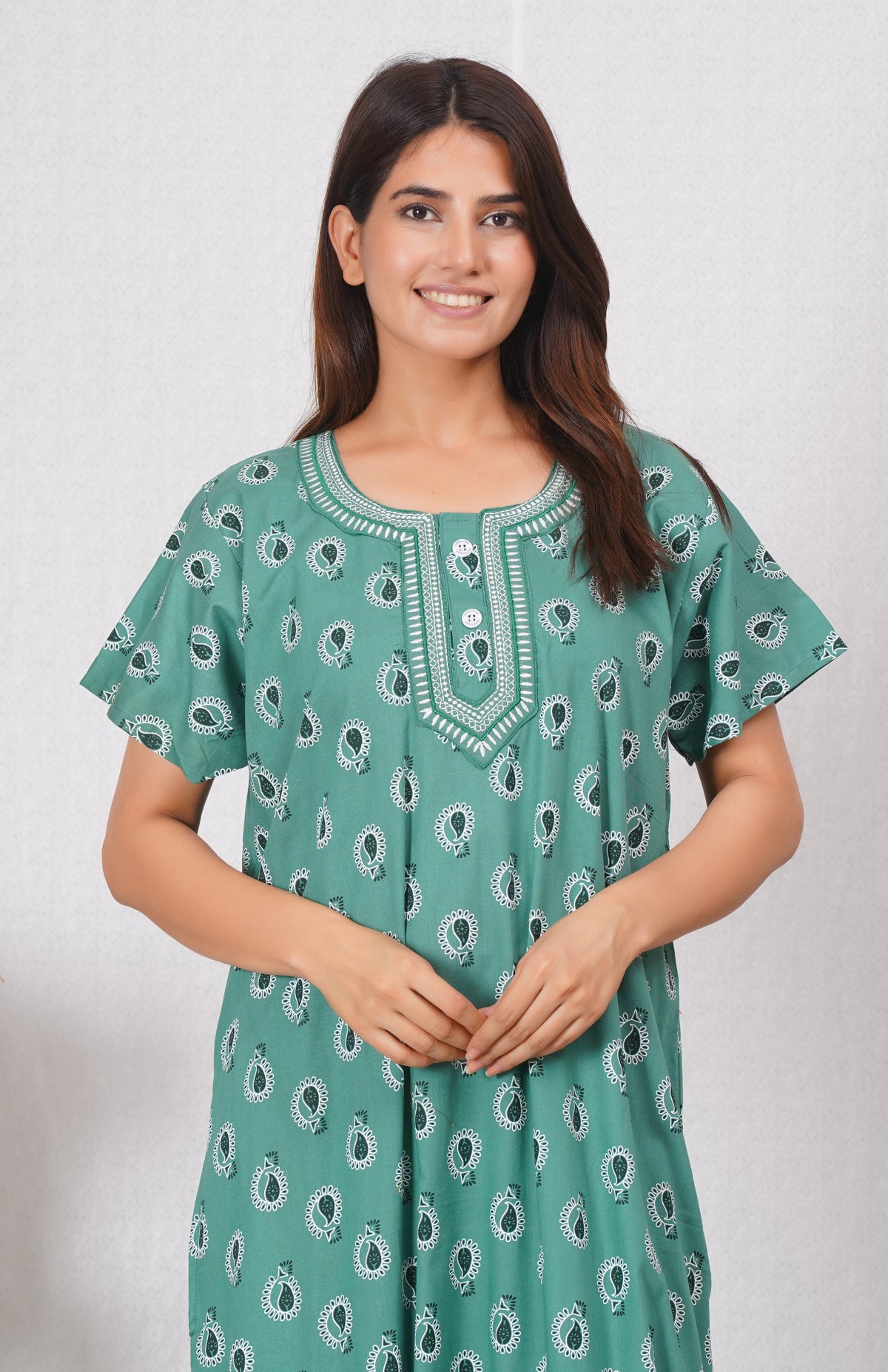 Neck embroidery Sea green Cotton Nighty for Women – Free Size