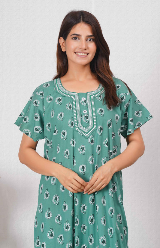 Neck embroidery Sea green Cotton Nighty for Women – Free Size