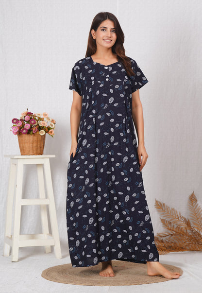 Navy Printed Cotton Feeding nighty for women | Free size