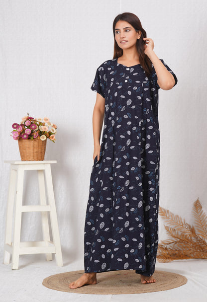 Navy Printed Cotton Feeding nighty for women | Free size