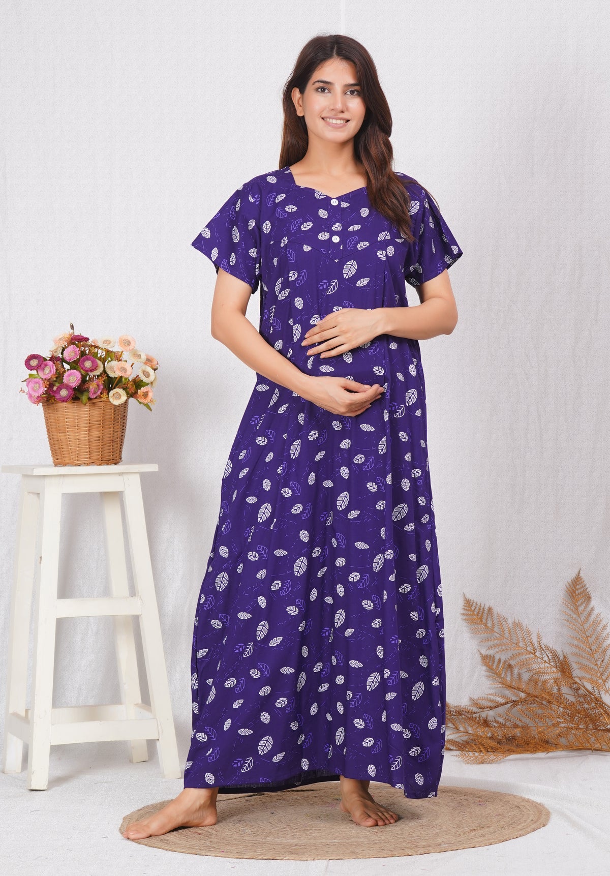 Purple Printed Cotton Feeding nighty for women | Free size