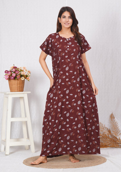 Brown Printed Cotton Feeding nighty for Women | Free size