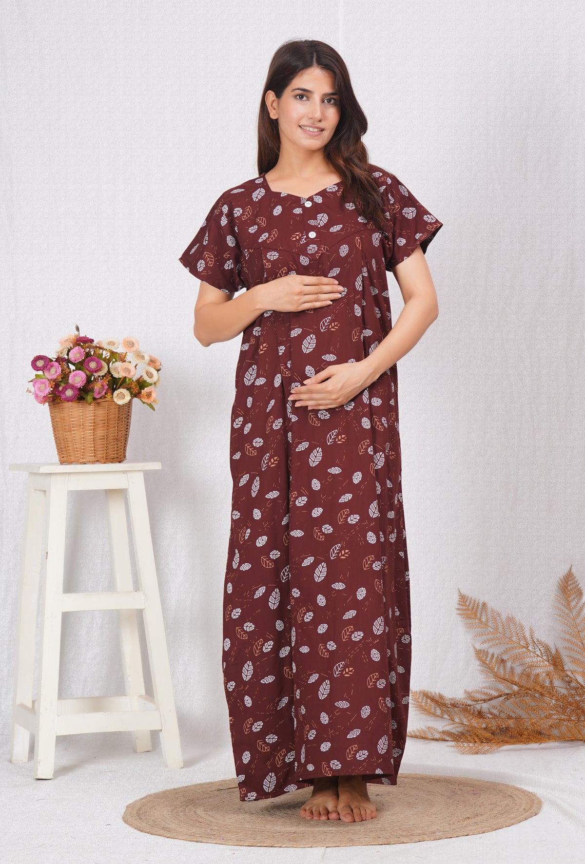 Brown Printed Cotton Feeding nighty for Women | Free size