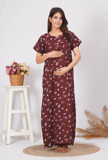 Brown Printed Cotton Feeding nighty for Women | Free size